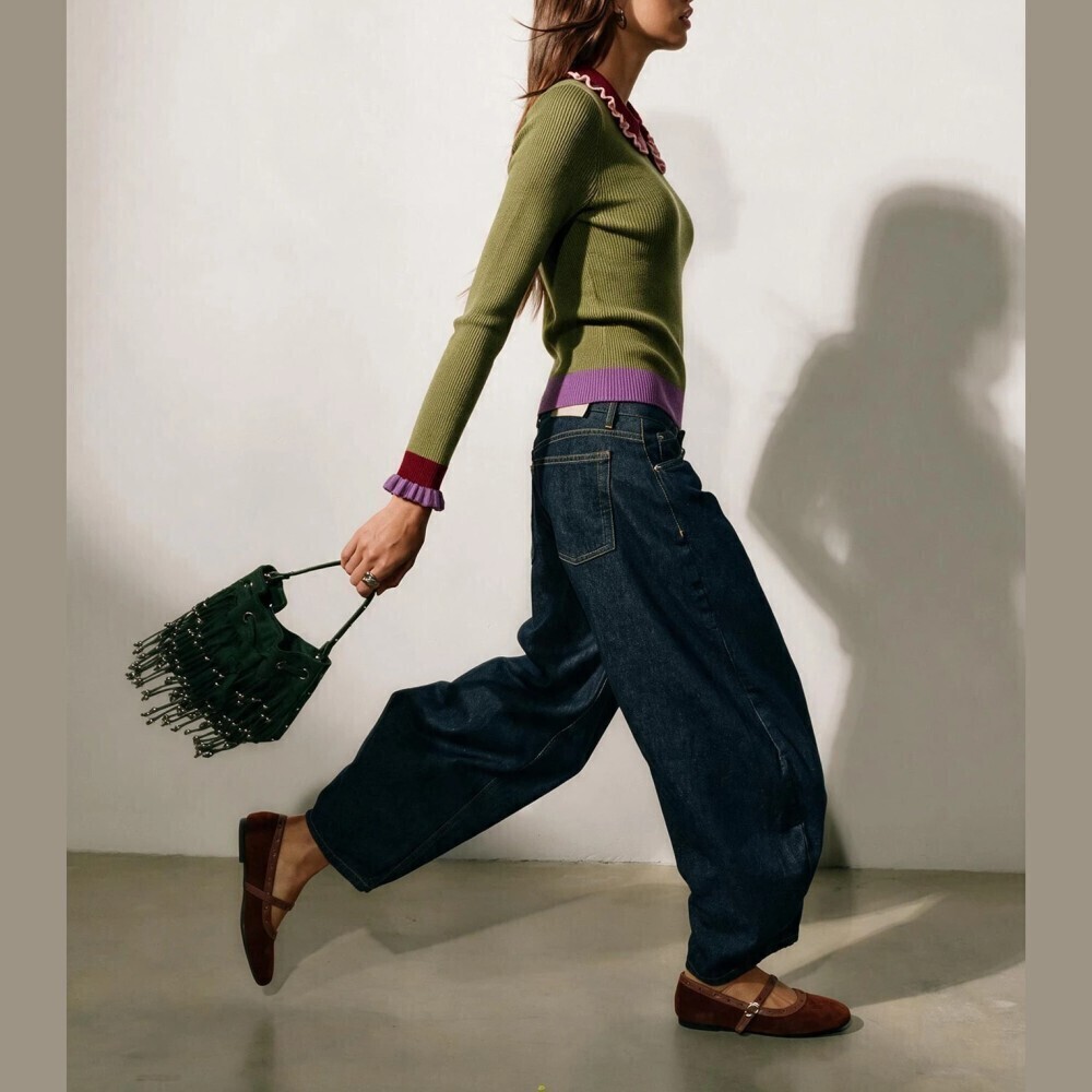 Olive Green Ribbed Knit Colorblock Ruffle Collar Keyhole Sweater - Picture 3 of 7